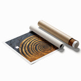 Abstract strokes wall art print showcasing vibrant blue, gold, and white colors, elegantly rolled and ready for framing, perfect for modern home decor.