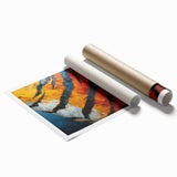 Abstract strokes canvas print showcasing vibrant colors of blue, pink, and yellow, rolled up for easy shipping, ideal for modern home decor and artistic display.