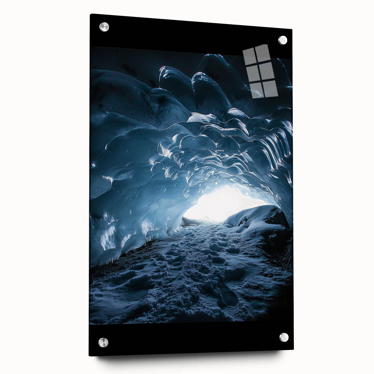 Acrylic glass artwork showcasing a stunning landscape with intricate cave formations, presented in a side view and secured with decorative pins. Perfect for enhancing modern decor.