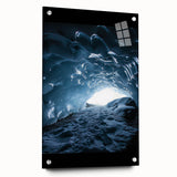 Acrylic glass artwork showcasing a stunning landscape with intricate cave formations, presented in a side view and secured with decorative pins. Perfect for enhancing modern decor.