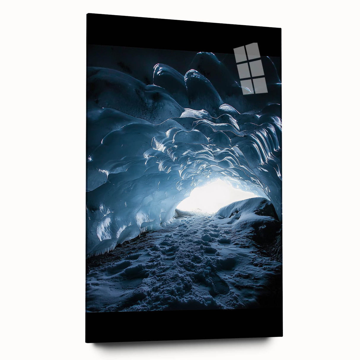 Acrylic glass artwork showcasing a stunning side view of a cave landscape, featuring intricate details and vibrant colors, ideal for modern home decor.
