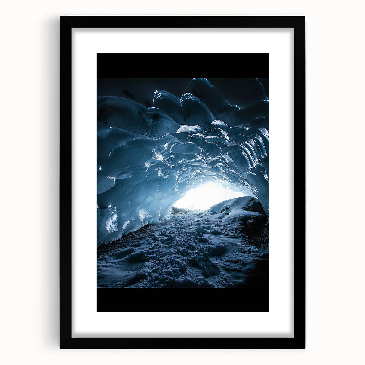 Black framed landscape artwork featuring a cave scene with intricate details, complemented by a white mat, ideal for modern home decor and art enthusiasts.