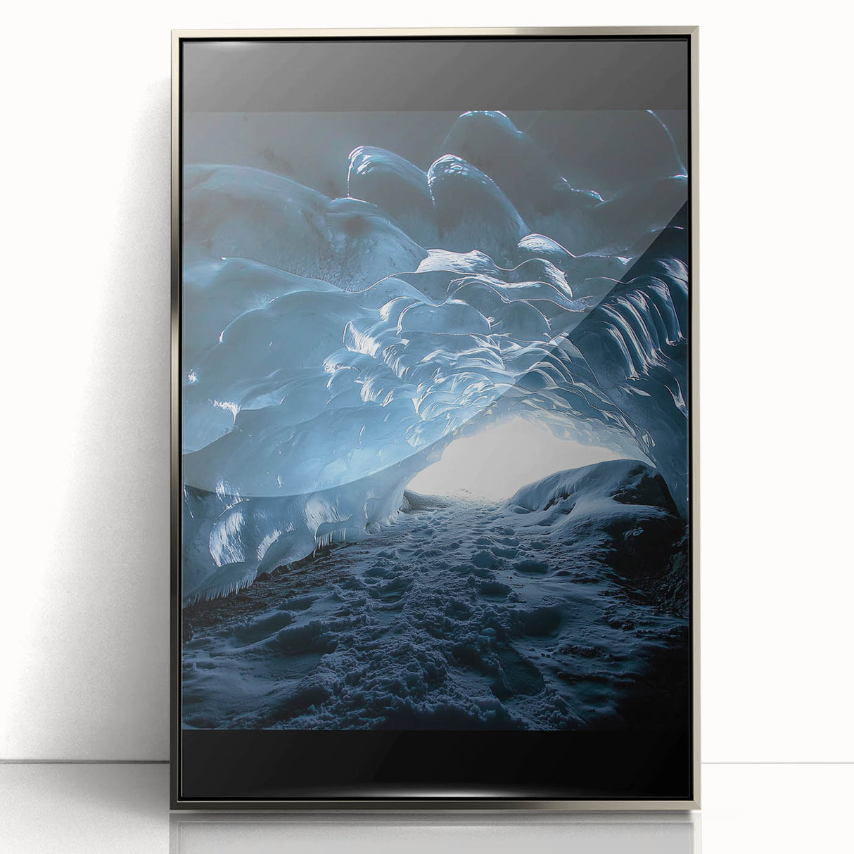 Framed acrylic artwork depicting a stunning landscape with caves, featuring a silver frame that enhances the visual appeal, perfect for modern home decor.