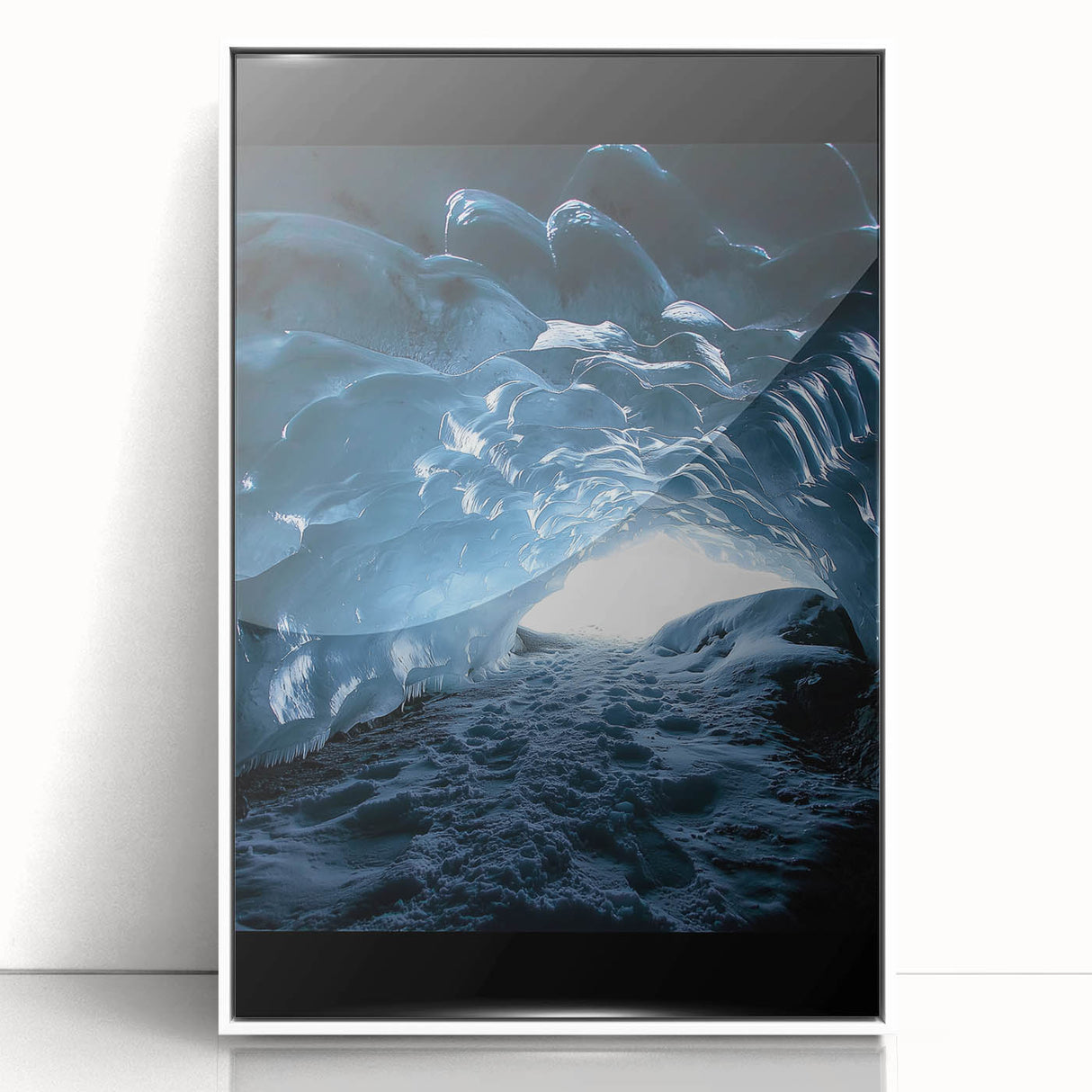 Framed acrylic artwork showcasing a captivating cave landscape with intricate details, presented in a sleek white frame, perfect for modern home decor enthusiasts. Ideal for art lovers seeking unique wall art to enhance their interior spaces.