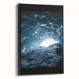 Framed canvas artwork showcasing a stunning cave landscape, featuring rich earthy tones and intricate details, presented in a sleek black frame, ideal for home decor.