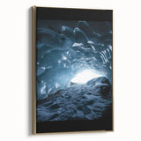 Framed canvas artwork showcasing a stunning landscape with cave formations, featuring a gold border and side view, perfect for enhancing home decor.