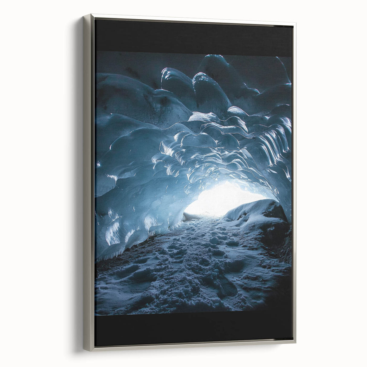 Framed canvas artwork showcasing a stunning cave landscape design with silver accents, perfect for modern home decor and enhancing any living space ambiance.
