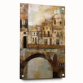 Abstract architectural wall art design displayed in a sleek acrylic glass frame, showcasing geometric shapes and vibrant colors, ideal for modern decor.