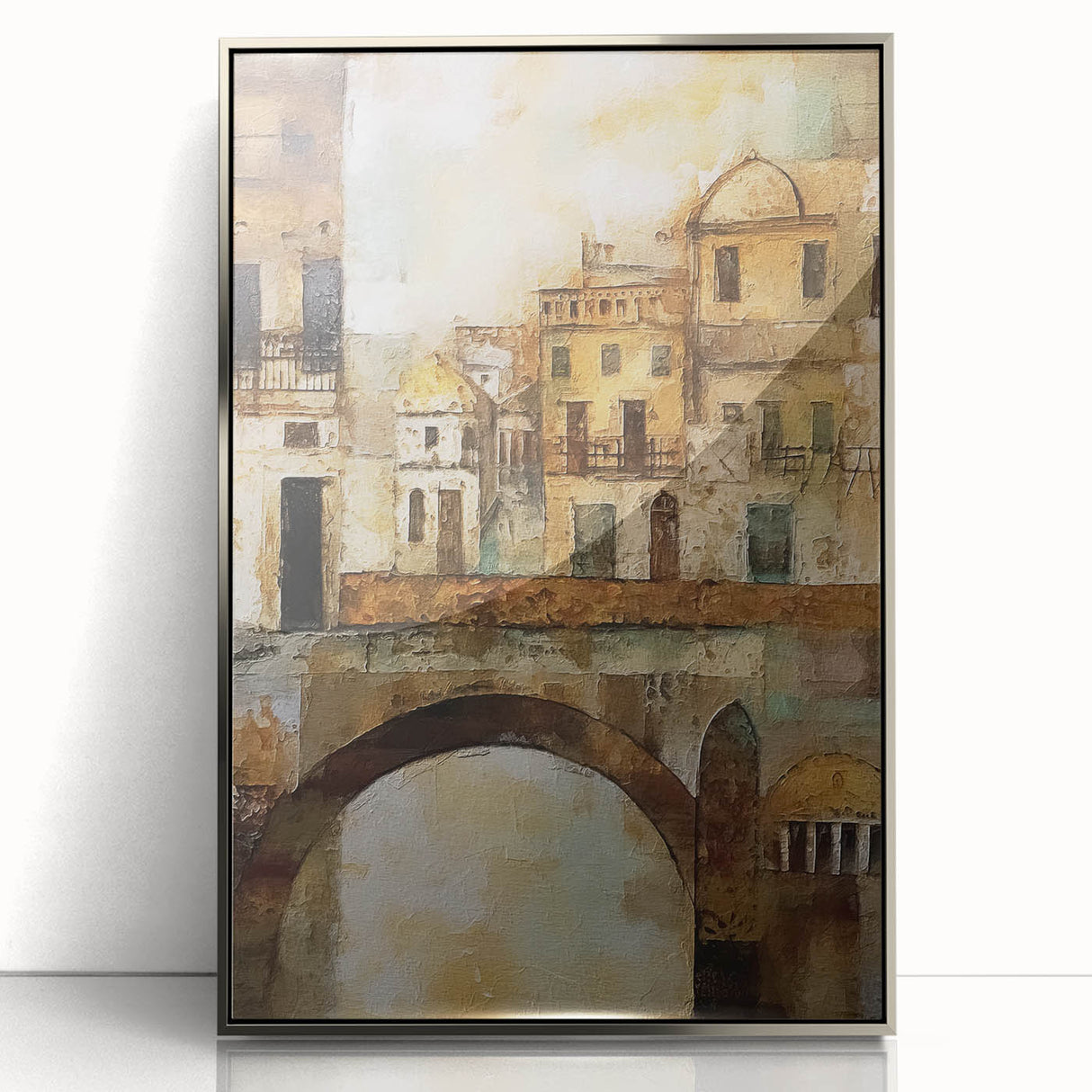 Framed abstract architecture wall art in silver acrylic, showcasing geometric shapes and modern design elements, perfect for contemporary home decor.