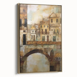 Framed wall art featuring abstract architecture design with gold accents, showcasing a side view of the canvas on a stylish display, perfect for modern interiors.