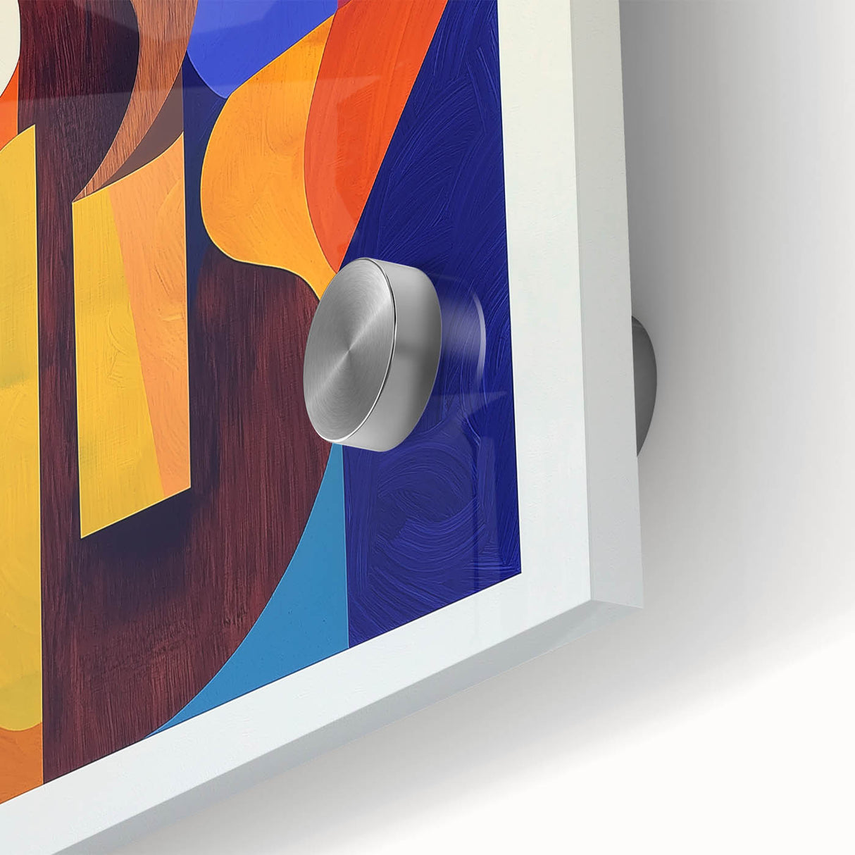 Abstract geometric design on acrylic glass featuring vibrant shades of blue, orange, and yellow, showcasing intricate patterns and textures for modern decor.
