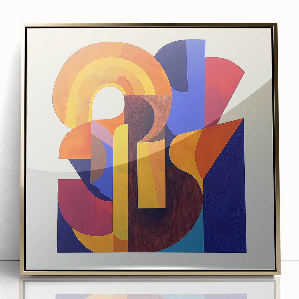 Framed acrylic wall art design featuring an abstract geometric pattern in gold tones, ideal for modern home decor, adding elegance and sophistication to any space.