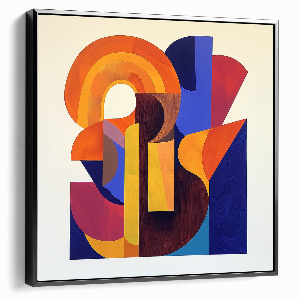 Abstract geometric framed canvas artwork in black, showcasing sharp angles and modern design elements, ideal for contemporary home decor or office settings.