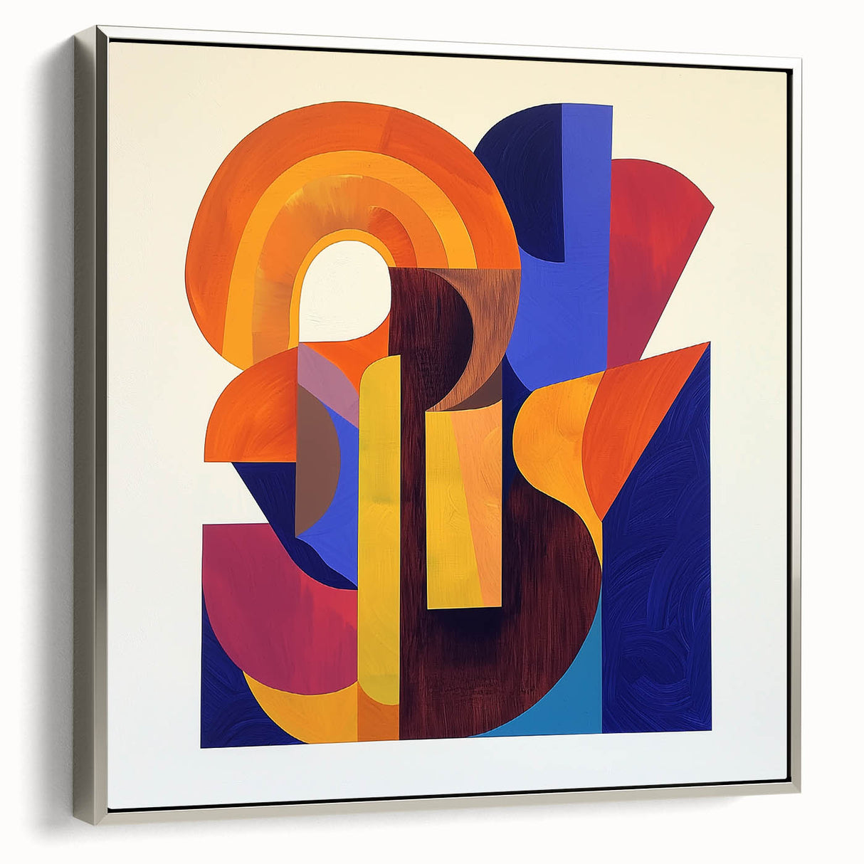 Abstract geometric framed canvas artwork in silver, showcasing intricate patterns and modern design, ideal for contemporary home decor. Perfect for adding elegance to living spaces.