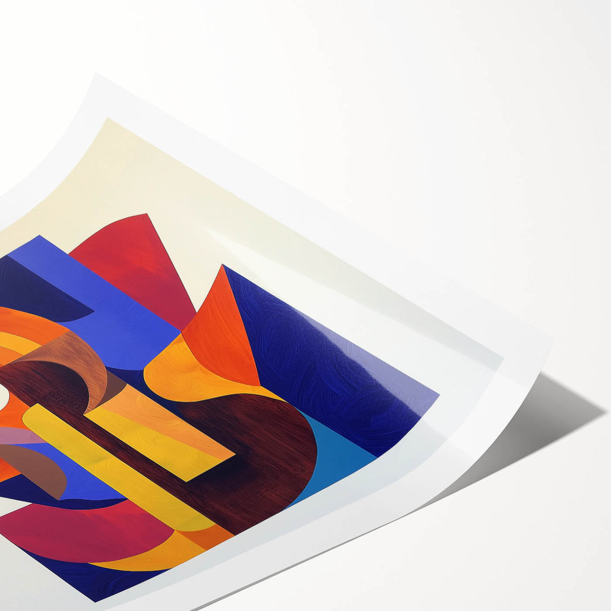 Abstract geometric rolled print showcasing vibrant blue, yellow, and white patterns, elegantly packaged in a durable cardboard tube, perfect for modern home decor.
