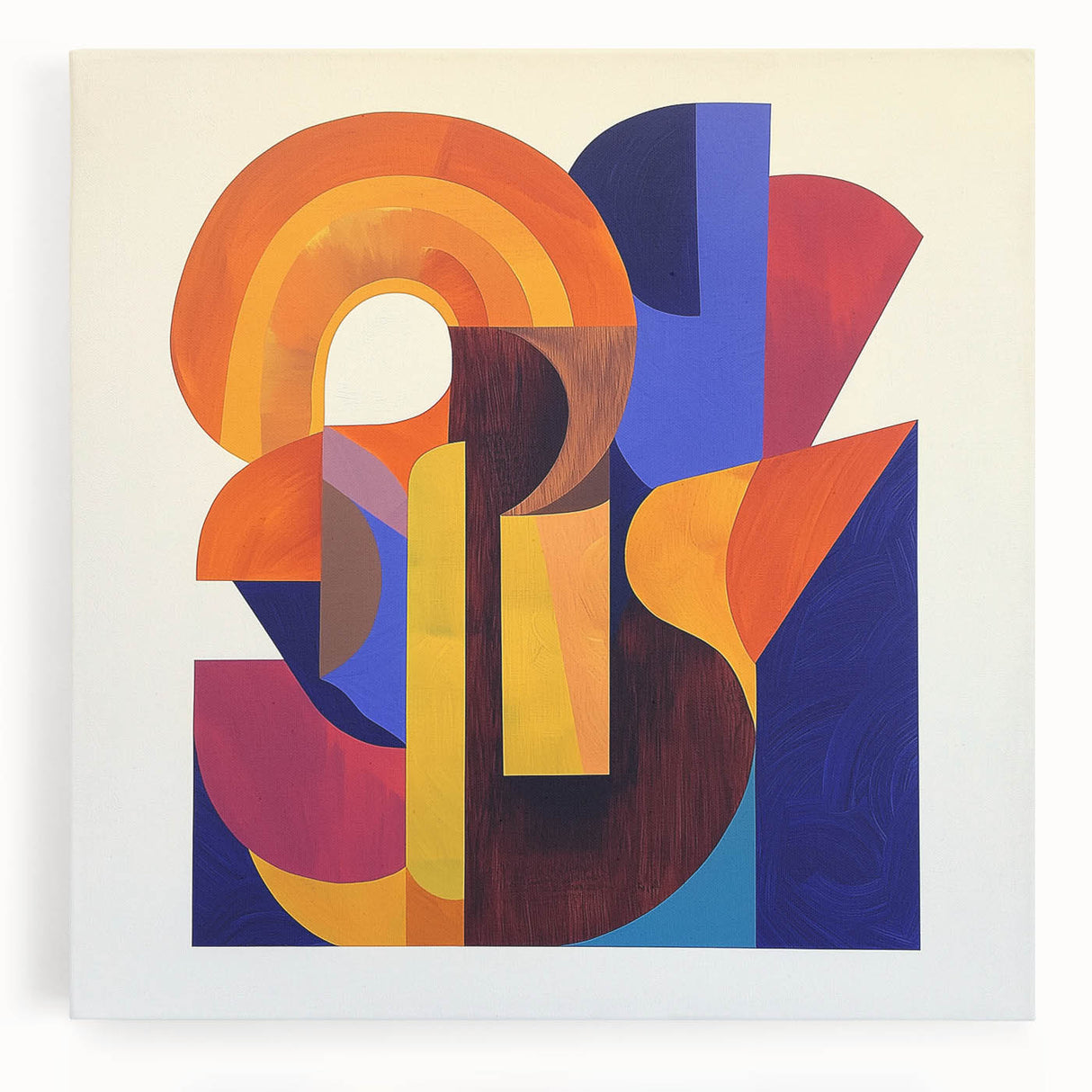 Abstract geometric stretched canvas art showcasing vibrant colors and intricate patterns, perfect for modern home decor or artistic spaces. Bright hues including blue, orange, and yellow create a visually striking focal point for any room.