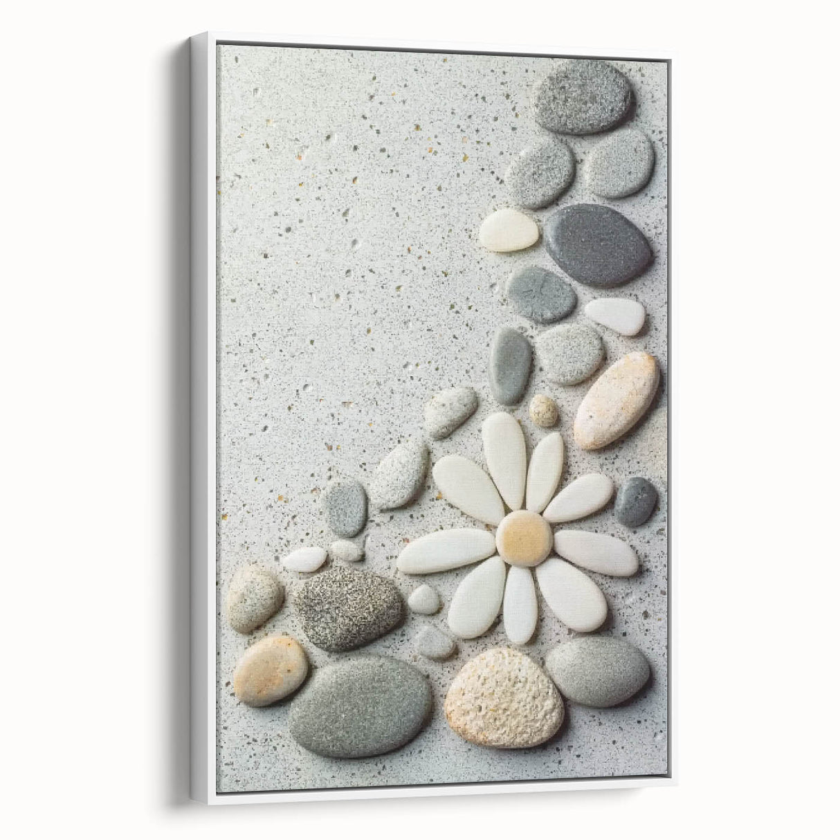 Framed canvas artwork depicting a serene beach landscape with vibrant colors, showcasing soft waves and a clear sky, elegantly presented with a white frame.