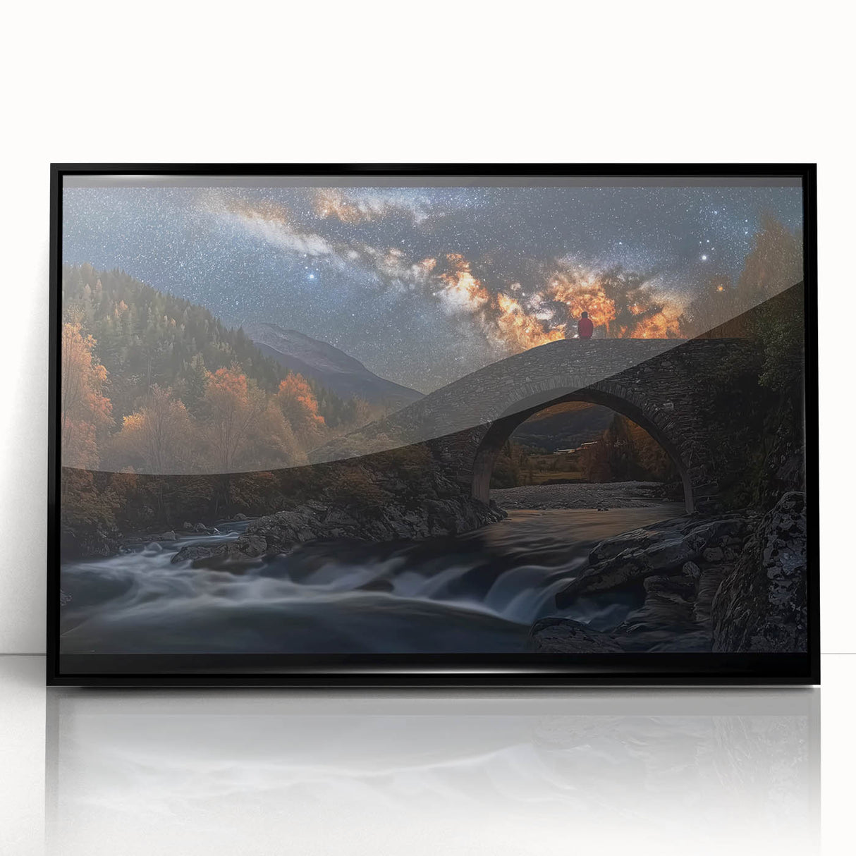 Framed acrylic artwork showcasing a vibrant landscape bridge design in black, highlighting intricate details and modern aesthetics, perfect for home decor.