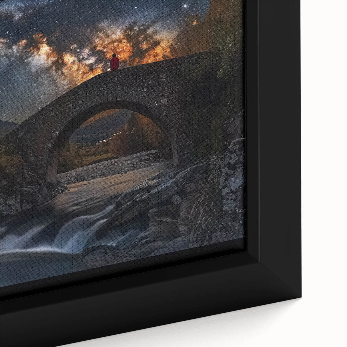 Close-up of a framed canvas showcasing a vibrant landscape bridge design, featuring rich colors and intricate details, perfect for home decor enthusiasts and art collectors.