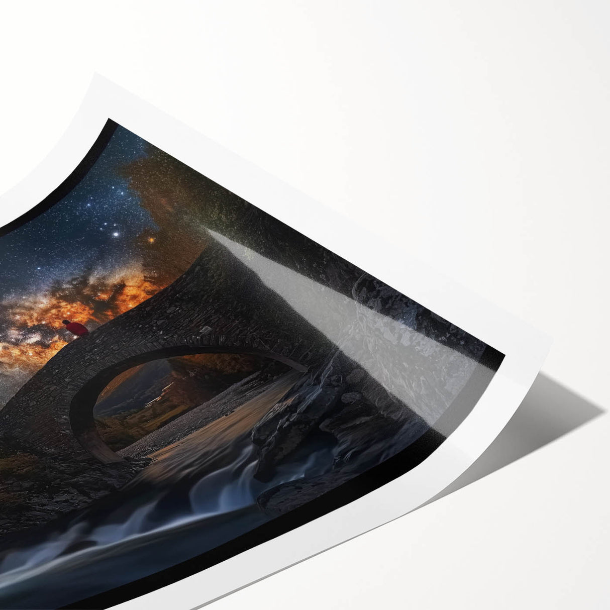 Detailed landscape bridge print on rolled canvas, showcasing vibrant colors and intricate designs, safely packaged in a durable cardboard tube for easy transport.