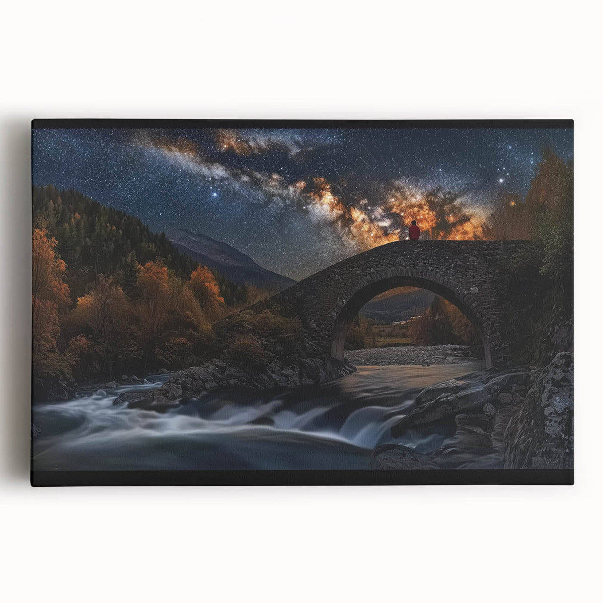 Stretched canvas artwork depicting a vibrant landscape bridge scene, featuring lush greenery and a serene waterway, ideal for home or office decor.