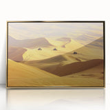 Framed acrylic artwork depicting a vibrant desert landscape with golden hues and intricate details, perfect for enhancing modern home decor.