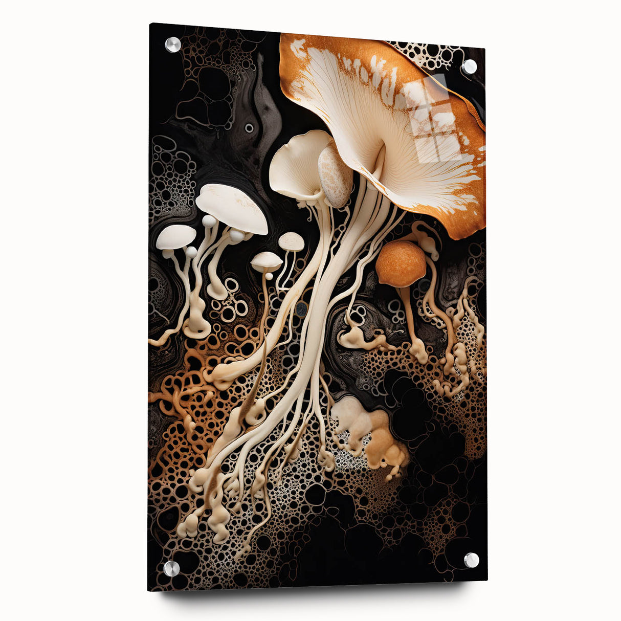 Large abstract wall art on acrylic glass featuring swirling blue and gray tones, suitable for bedroom or dining room decor.