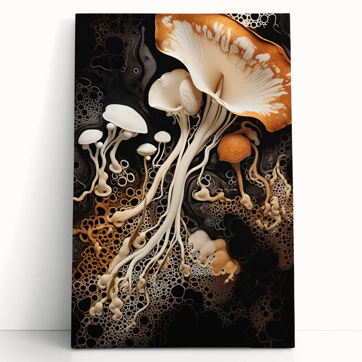 Black and white close-up photo of natural elements on stretched canvas.