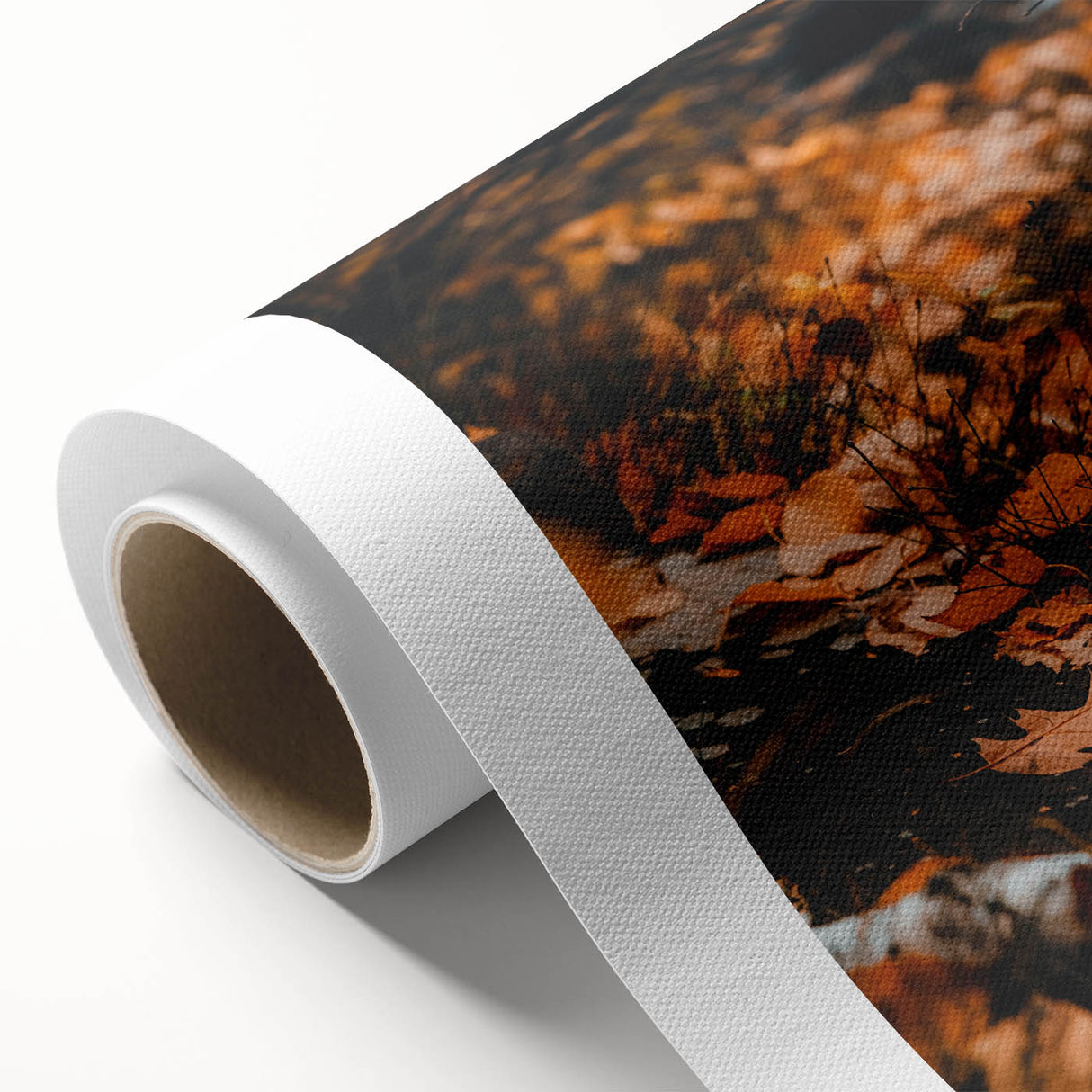 Art deco poster of autumn trees in warm orange and yellow tones on rolled canvas, ideal for nursery wall art.