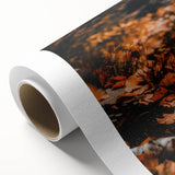 Art deco poster of autumn trees in warm orange and yellow tones on rolled canvas, ideal for nursery wall art.