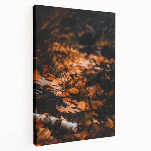 Fall-themed abstract art on stretched canvas with warm orange and red tones, suitable for kitchen wall art.