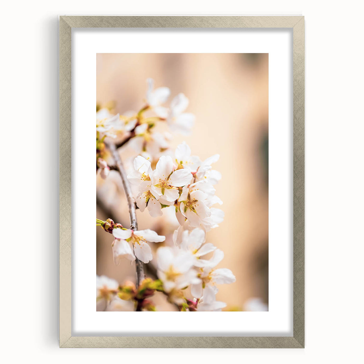 Textured art depicting abstract spring themes in soft green and pink hues, framed in silver, ideal for bedroom decor.