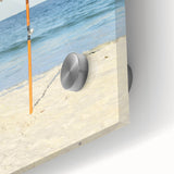 Large abstract wall art in mid-century modernist style, featuring swirling blue and orange hues on acrylic glass.