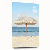 Large abstract wall art in vibrant orange and blue tones on acrylic glass, suitable for bedroom or dining room decor.