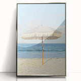 Mid-century modernist art featuring geometric shapes in muted earth tones on a silver-framed acrylic print.