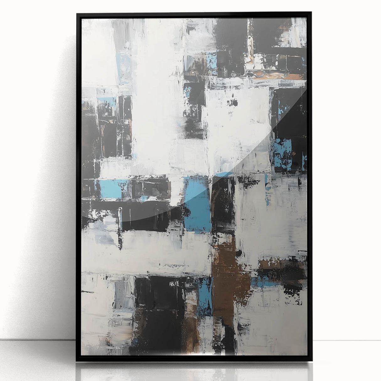 Framed acrylic artwork displaying dynamic abstract strokes in various shades of black and gray, perfect for modern home decor and artistic interiors.