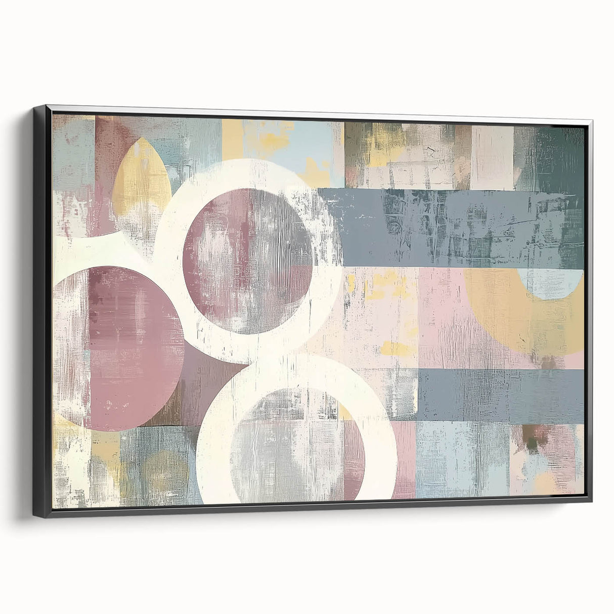 Framed canvas art showcasing abstract black strokes on a textured background, viewed from the side. Ideal for modern decor, adding elegance to any space.