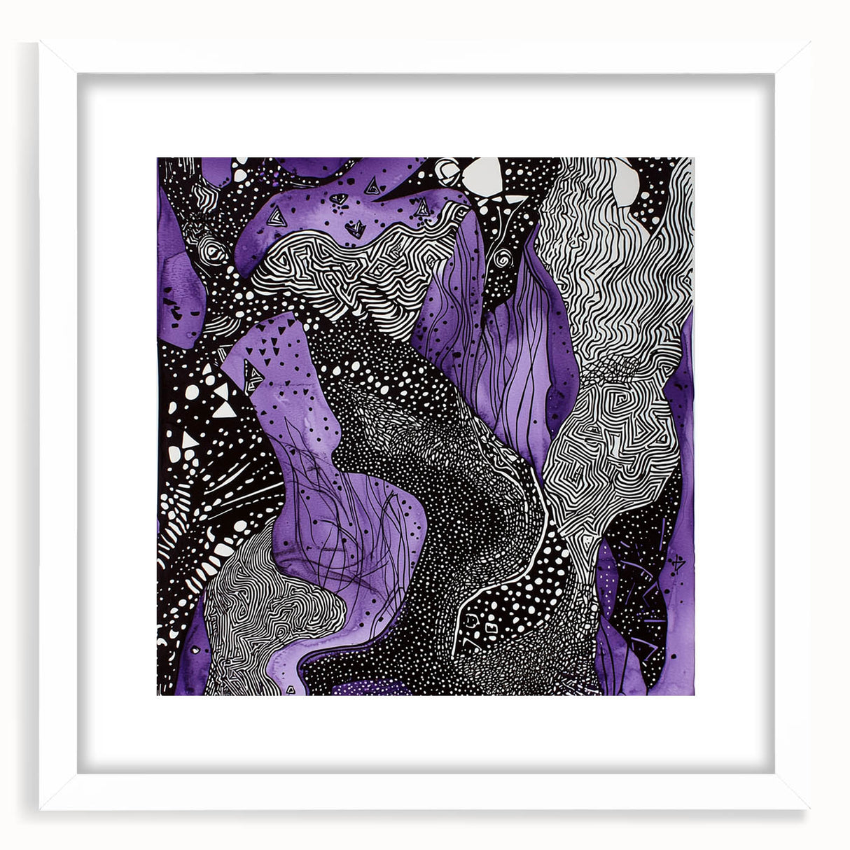 Abstract strokes frame in white matting, showcasing vibrant colors and dynamic patterns, perfect for modern home decor. Ideal for art enthusiasts seeking unique wall accents.