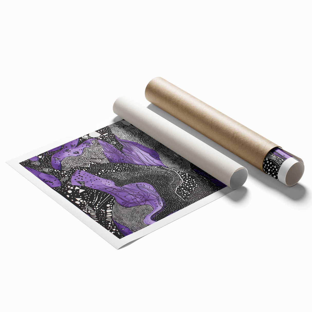 Abstract rolled canvas print showcasing vibrant strokes in a blend of blue, orange, and yellow hues, perfect for modern home decor accents. Packaged securely in a cylindrical cardboard tube for safe delivery.