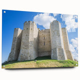 Acrylic landscape wall art showcasing a majestic castle view, mounted on glass with decorative pins, perfect for adding elegance to any space.