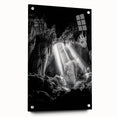 Acrylic landscape artwork depicting a cave scene, showcasing vibrant colors and intricate details, displayed in a side view with decorative pins. Perfect for enhancing home decor.