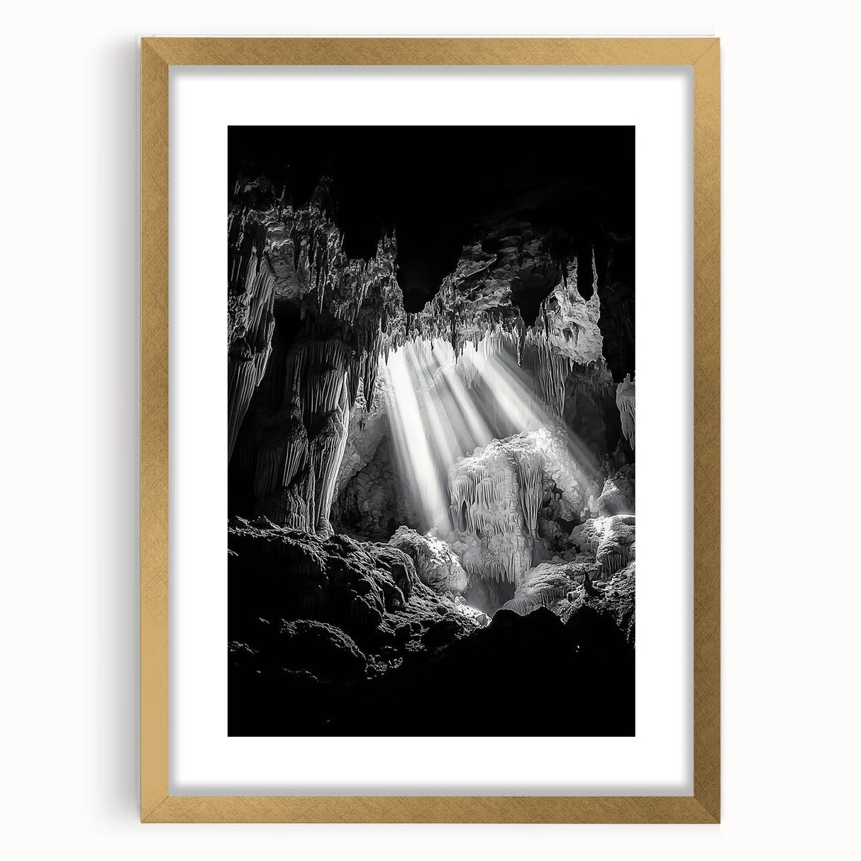 Elegant gold-framed landscape artwork showcasing a serene cave scene with intricate details and a soft mat background, perfect for home decor enhancement. Ideal for art enthusiasts seeking to elevate their space with natural beauty and sophisticated design elements.