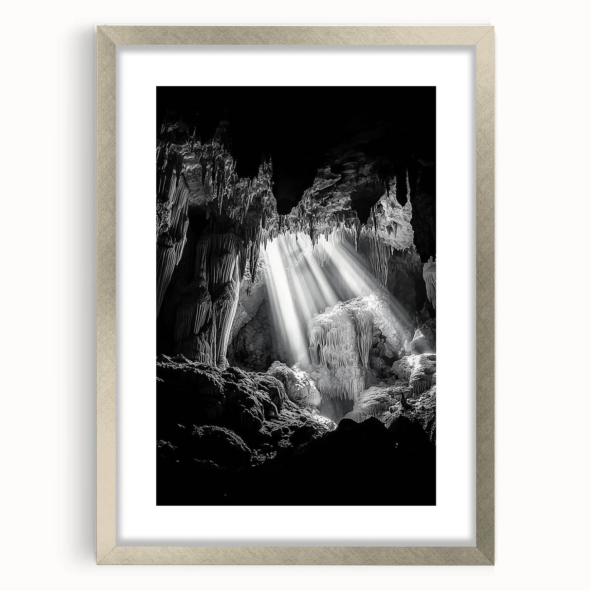 Framed landscape artwork featuring a serene cave scene with a silver mat and frame, ideal for modern home decor, enhancing any living space aesthetic.