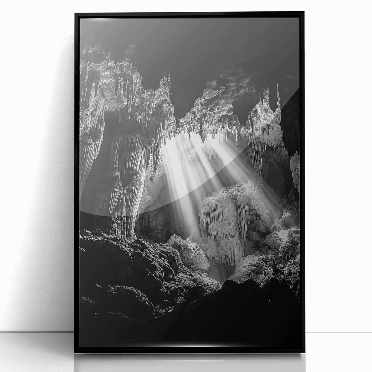 Framed acrylic artwork depicting a stunning cave landscape, featuring vibrant colors and intricate details, presented in a sleek black frame ideal for modern decor.