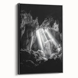 Framed canvas artwork depicting a serene landscape with intricate cave formations, featuring a sleek black frame, ideal for enhancing modern home décor. Perfect for art enthusiasts seeking nature-inspired themes.
