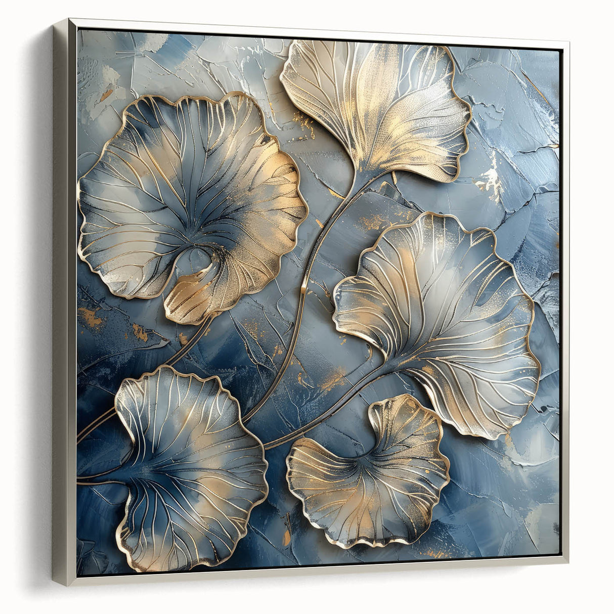 Luxury Dining Room Wall Art – Gold & Silver Ginkgo on Blue Canvas
