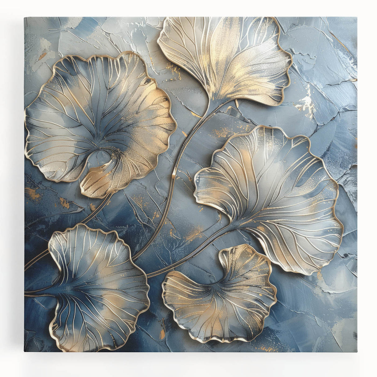 Luxury Dining Room Wall Art – Gold & Silver Ginkgo on Blue Canvas