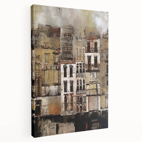 Stretched canvas showcasing an abstract architecture design with bold geometric shapes in vibrant colors, ideal for modern home decor.