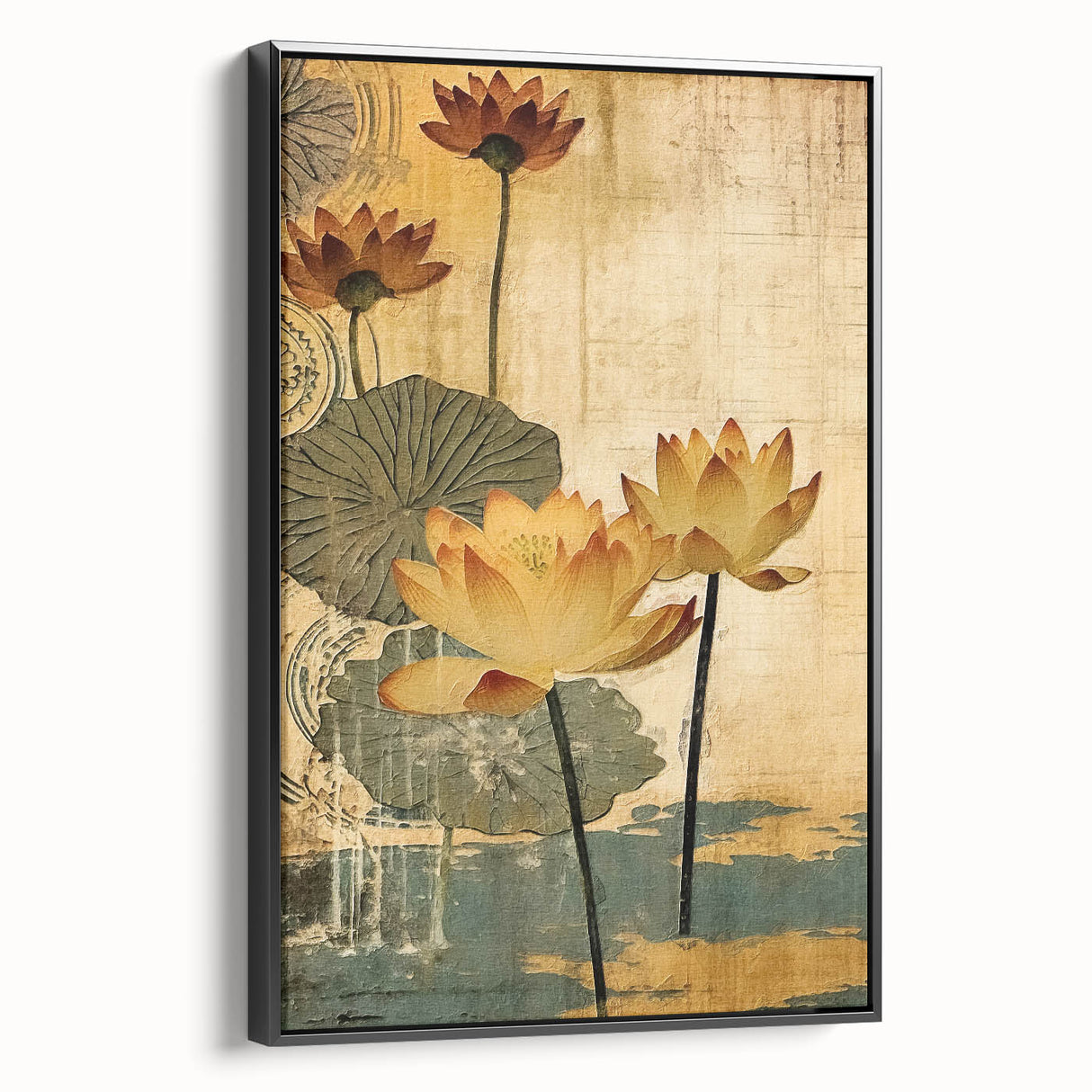 Framed abstract floral wall art displaying vibrant colors and intricate patterns, showcased in a sleek black frame from a side view, perfect for modern decor.