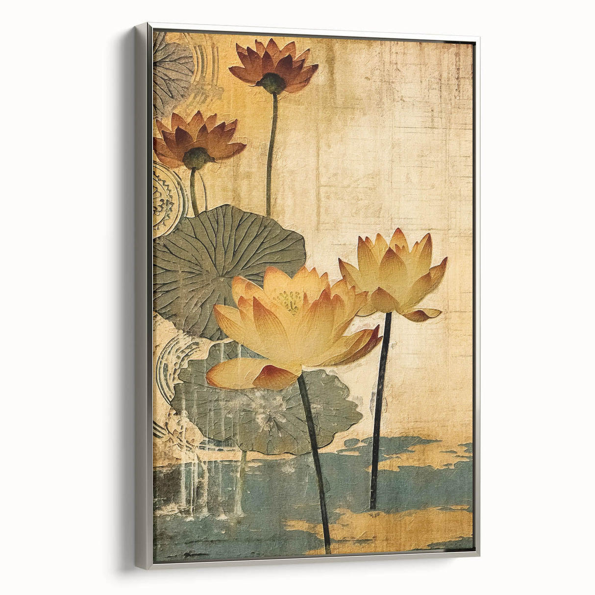 Framed wall art featuring abstract floral design in vibrant colors, showcasing a silver frame from a side view. Perfect for modern home decor, adding elegance and style to any room.